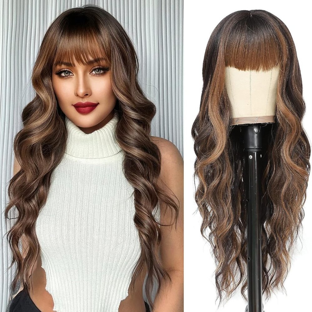26 Inches Women Long Brown Synthetic Curly Wavy Heat Resistant Daily Use Wig